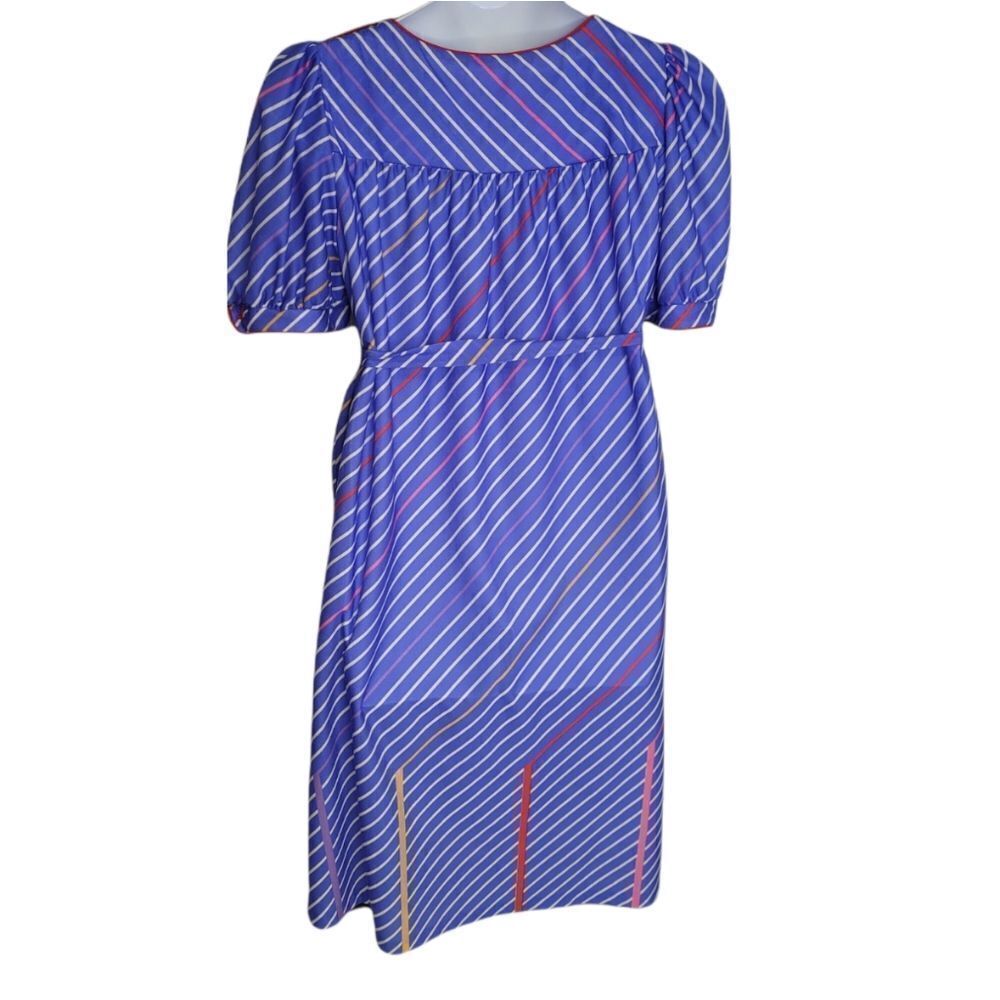 VINTAGE 70s‎ dress blue striped puff sleeve tie waist midi M - Picture 2 of 11